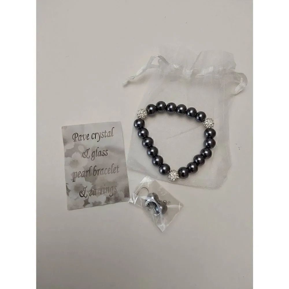 Bracelet & Earrings Set Pave Crystal and Glass Pearl New Gift Bag